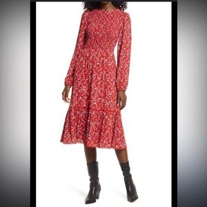 Floral Red Smocked Women's Dress